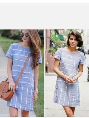 Lou & Grey 100% Linen Chambray Striped Blue & White Dress Size Small